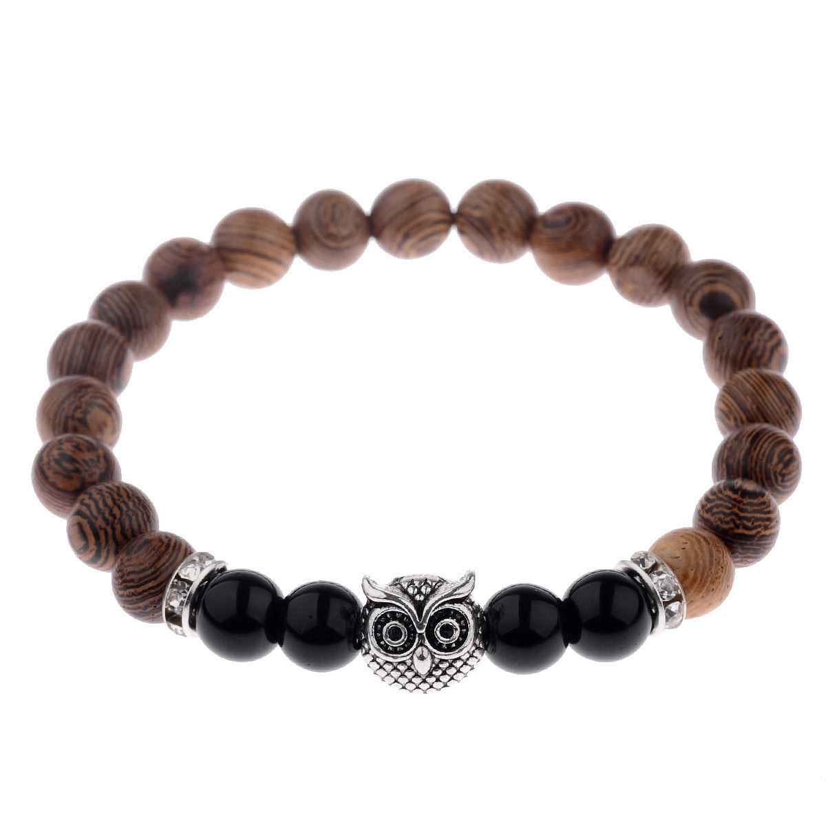Owl Frosted Stone & Wood Bead Bracelet – Exotic Boho Jewelry