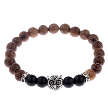 Owl Frosted Stone & Wood Bead Bracelet – Exotic Boho Jewelry