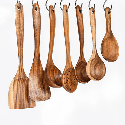 Teak Natural Wood Kitchen Utensil Set – Spoon, Ladle, Turner, Colander & Skimmer Cooking Tools