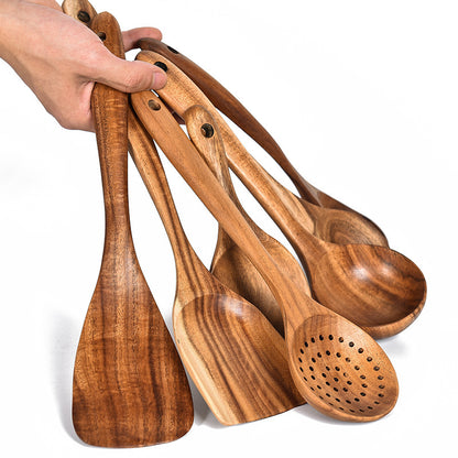 Teak Natural Wood Kitchen Utensil Set – Spoon, Ladle, Turner, Colander & Skimmer Cooking Tools