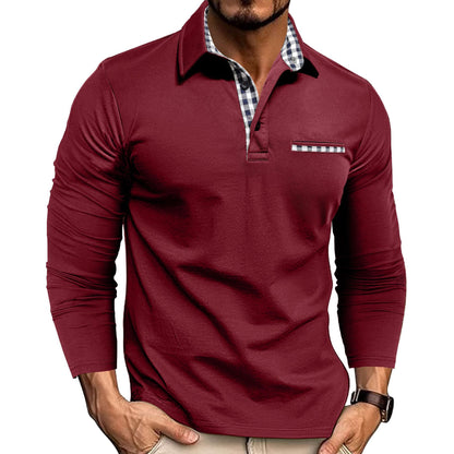 Men's Plaid Splicing Lapel Polo Shirt – Casual Long Sleeve Top