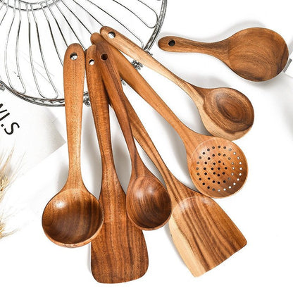 Teak Natural Wood Kitchen Utensil Set – Spoon, Ladle, Turner, Colander & Skimmer Cooking Tools