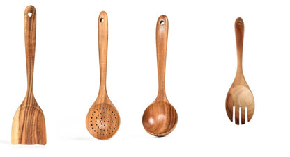 Teak Natural Wood Kitchen Utensil Set – Spoon, Ladle, Turner, Colander & Skimmer Cooking Tools
