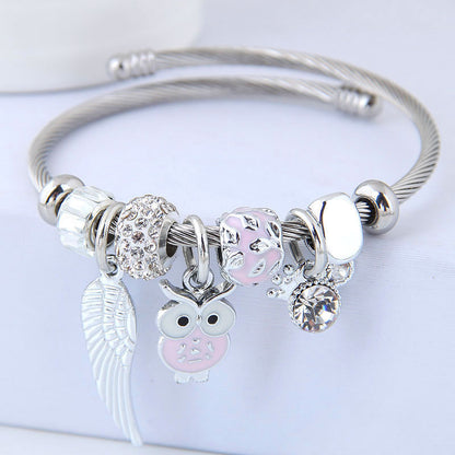 Owl Angel Wings Rhinestone Bracelet – Steel Alloy Bead Bracelet for Women