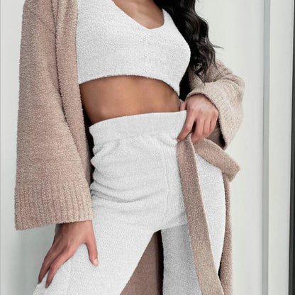 3-Piece Women's Velvet Pajama Set – Crop Top, Tank & Drawstring Pants