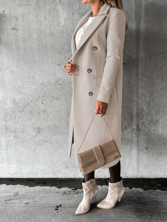 Double Breasted Lapel Coat Winter Fashion Solid Slim Long Jacket Long Sleeve Tops