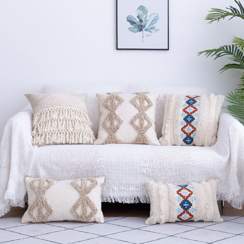 Decorative pillows on a white sofa with a plant and framed artwork in the background.