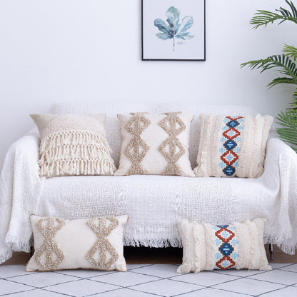 Decorative pillows on a white sofa with a plant and framed artwork in the background.