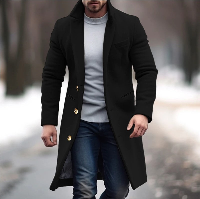 Men's Winter Trench Coat – Lapel Single Breasted Jacket with Pockets