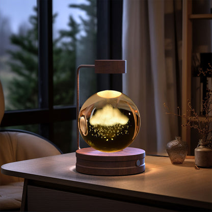 3D Crystal Ball Night Light – USB Wooden Base Bedside Lamp