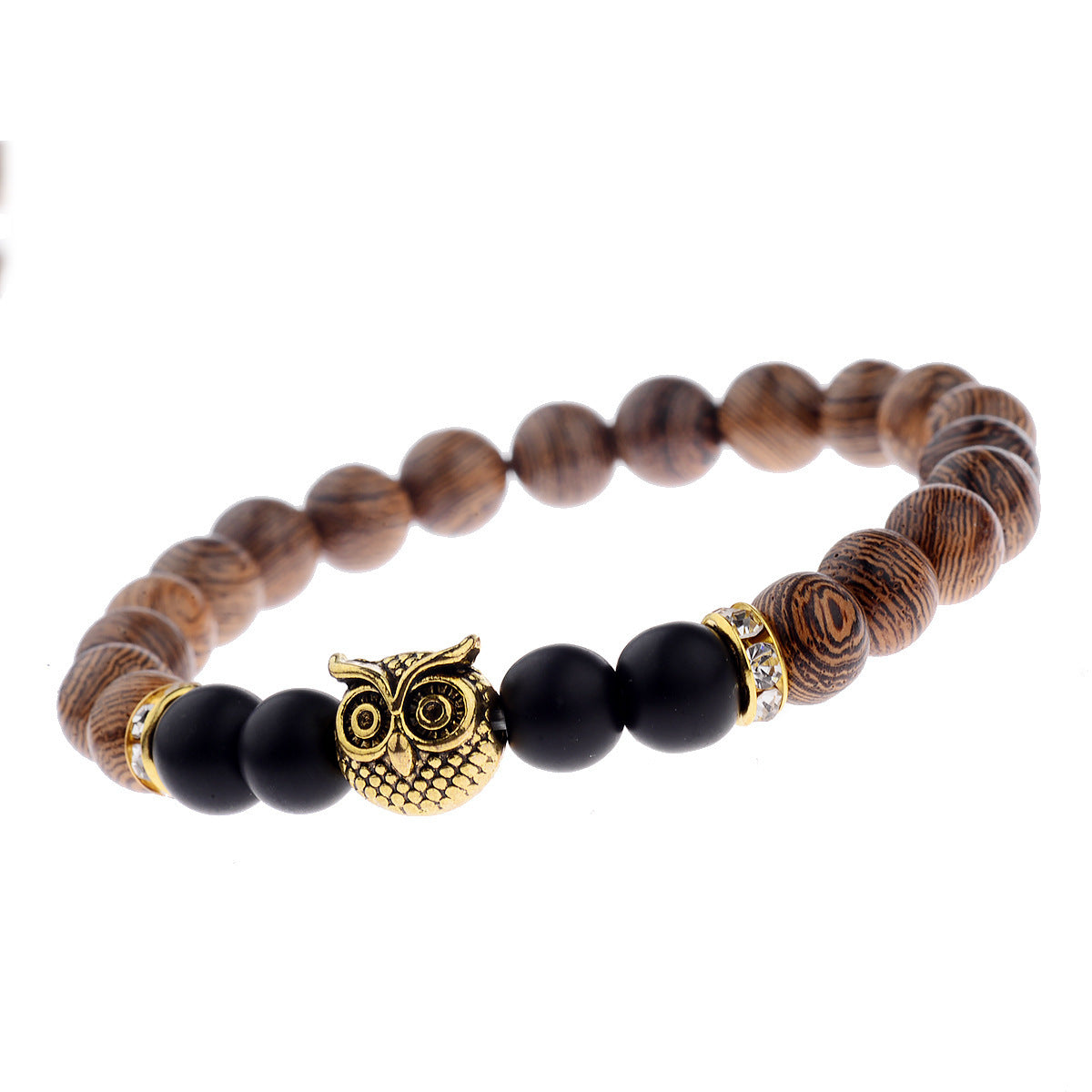 Owl Frosted Stone & Wood Bead Bracelet – Exotic Boho Jewelry