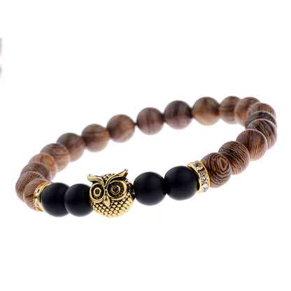 Owl Frosted Stone & Wood Bead Bracelet – Exotic Boho Jewelry
