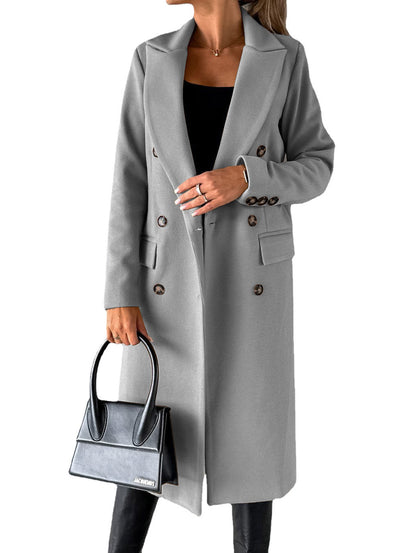 Women's Double Breasted Lapel Long Coat – Slim Winter Jacket
