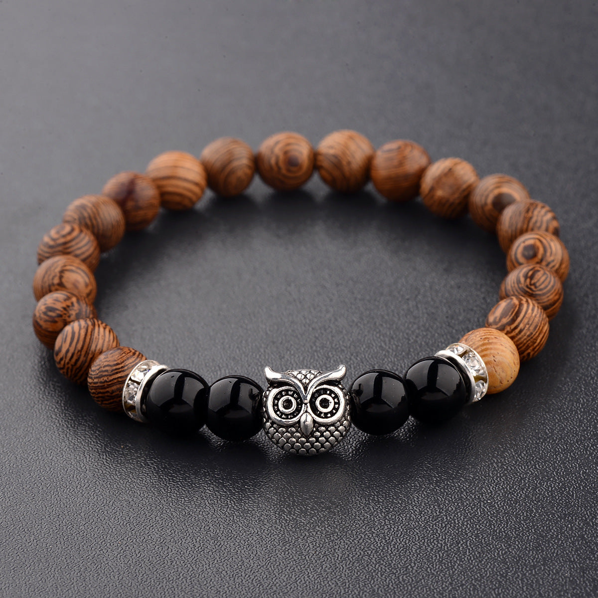 Owl Frosted Stone & Wood Bead Bracelet – Exotic Boho Jewelry
