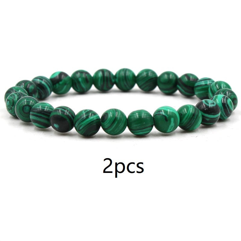 Malachite & Frosted Stone Elastic Bracelet – Natural Green Bead Jewelry for Women & Men