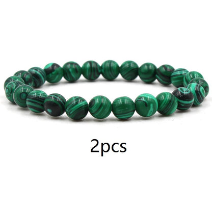 Malachite & Frosted Stone Elastic Bracelet – Natural Green Bead Jewelry for Women & Men