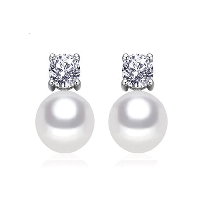 Round Pearl Stud Earrings – 8-9mm Silver Plated Jewelry for Women