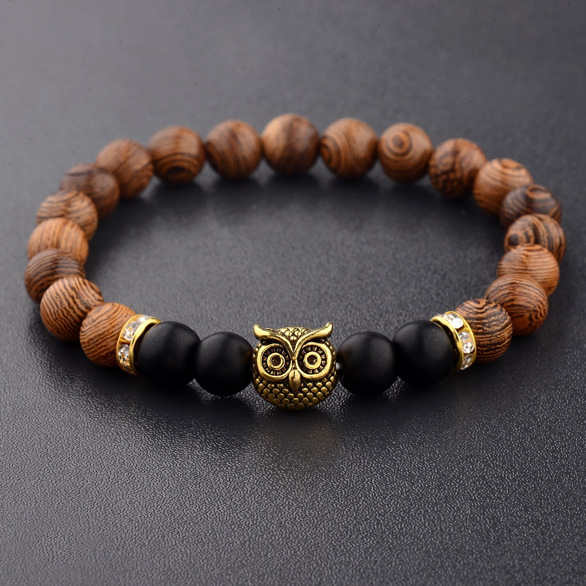 Owl Frosted Stone & Wood Bead Bracelet – Exotic Boho Jewelry