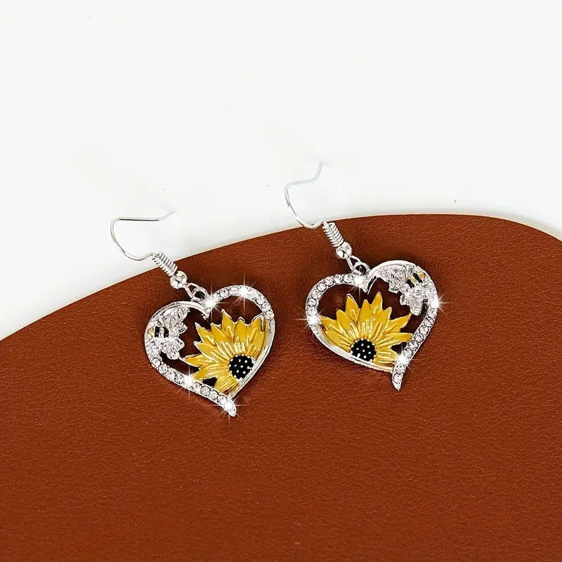 Bee Sunflower Heart Stud Earrings – Cute Fashion OL Alloy Jewelry for Women