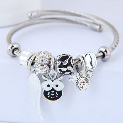 Owl Angel Wings Rhinestone Bracelet – Steel Alloy Bead Bracelet for Women