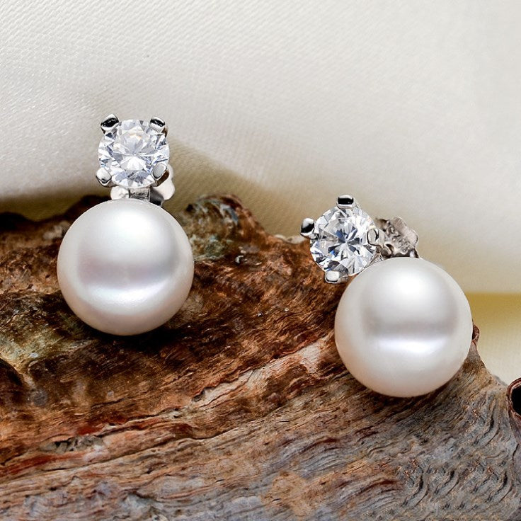 Round Pearl Stud Earrings – 8-9mm Silver Plated Jewelry for Women