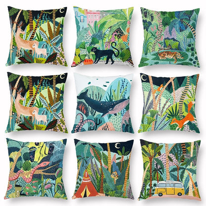 Green Peach Skin Cartoon Whale Cushion Cover – Cute Animal Print Pillow Case for Kids & Home