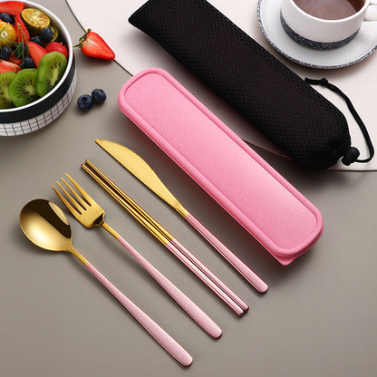 304 Stainless Steel Portable Cutlery Set – Gold Knife, Fork & Spoon with Case for Camping & Travel