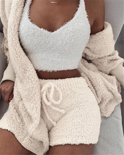3-Piece Women's Velvet Pajama Set – Crop Top, Tank & Drawstring Pants