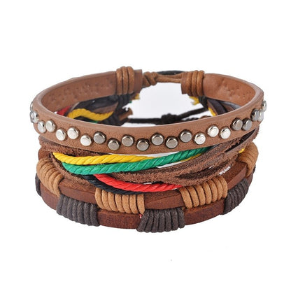 Punk Leather Multilayer Bead Wrap Bracelet – Handwoven Vintage Jewelry for Men & Women