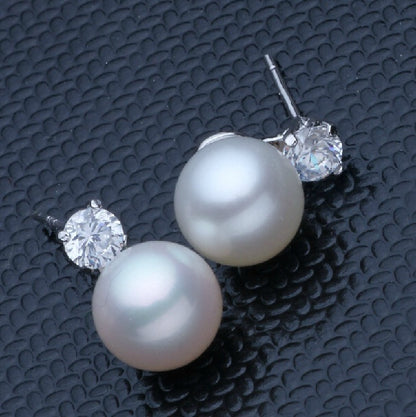 Round Pearl Stud Earrings – 8-9mm Silver Plated Jewelry for Women