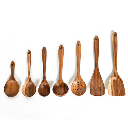 Teak Natural Wood Kitchen Utensil Set – Spoon, Ladle, Turner, Colander & Skimmer Cooking Tools