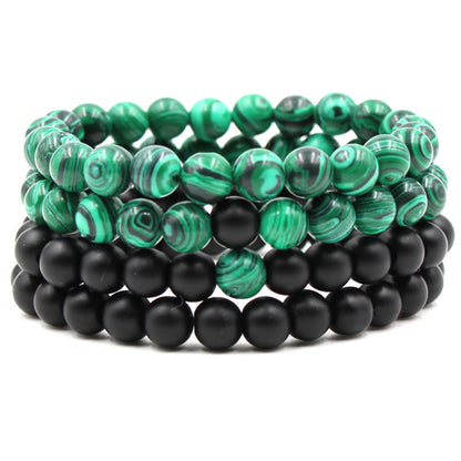 Malachite & Frosted Stone Elastic Bracelet – Natural Green Bead Jewelry for Women & Men