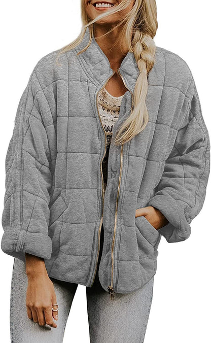 Women's Winter Zip-Up Stand Collar Coat – Plaid Pockets, Long Sleeve