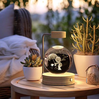 3D Crystal Ball Night Light – USB Wooden Base Bedside Lamp