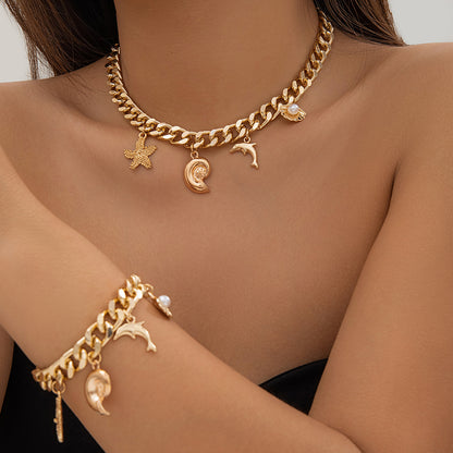 Boho Conch Dolphin Starfish Pendant Necklace & Bracelet – Vintage Tassel Chain for Women