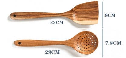 Teak Natural Wood Kitchen Utensil Set – Spoon, Ladle, Turner, Colander & Skimmer Cooking Tools
