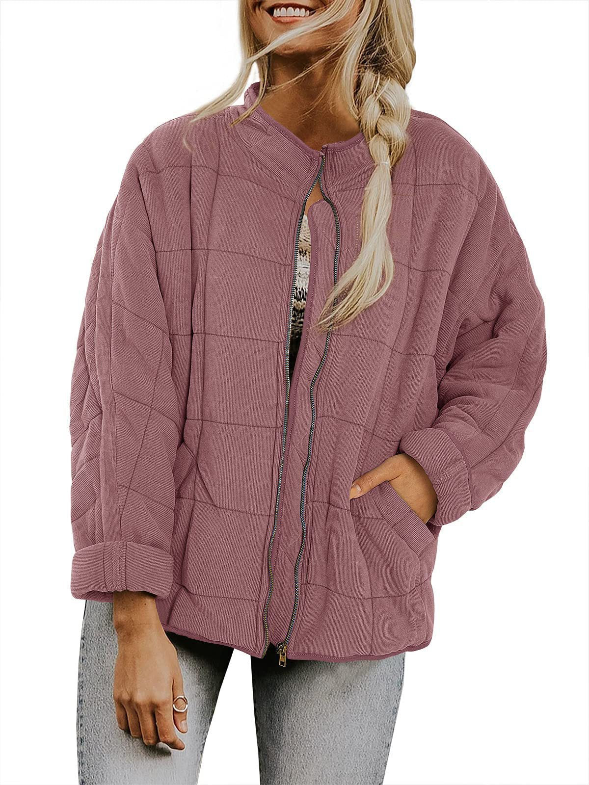 Women's Winter Zip-Up Stand Collar Coat – Plaid Pockets, Long Sleeve