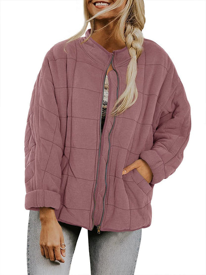 Women's Winter Zip-Up Stand Collar Coat – Plaid Pockets, Long Sleeve
