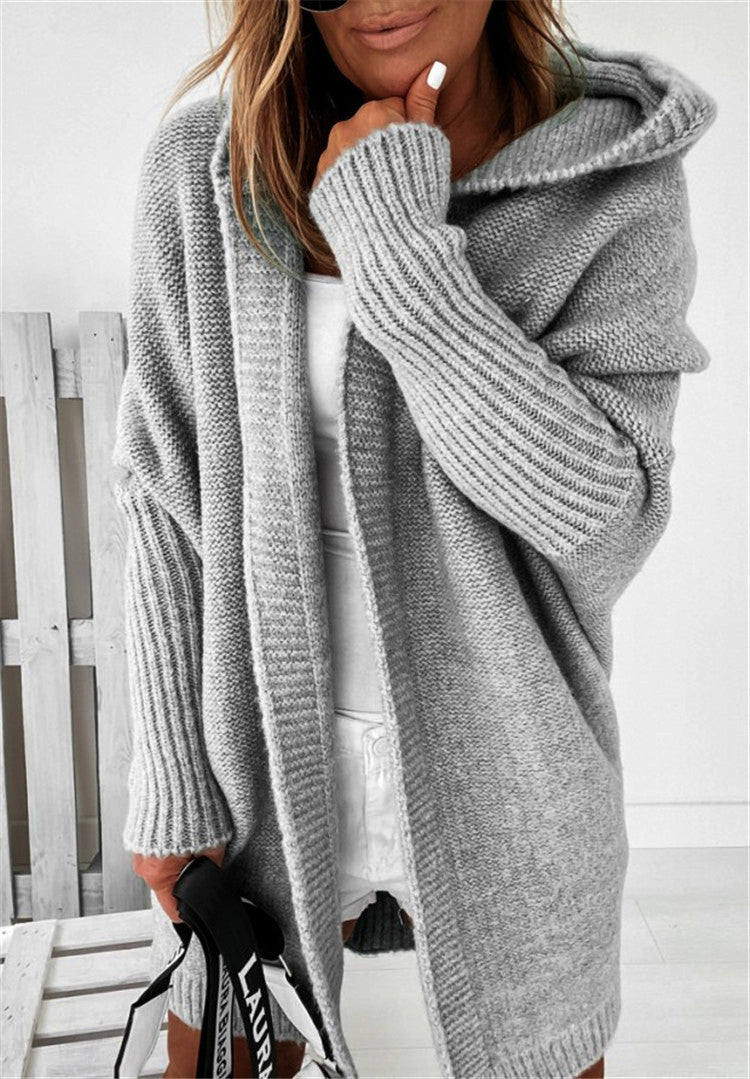 Bat Sleeve Hooded Cardigan – Oversized Knit Sweater for Women