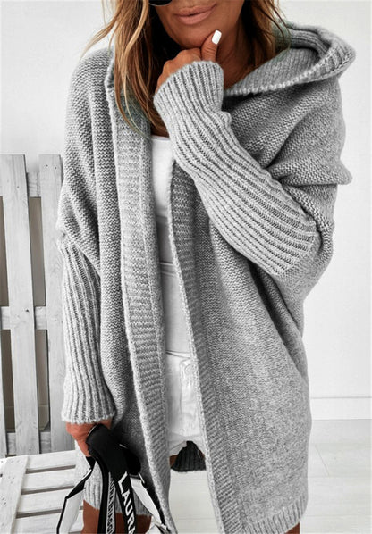 Bat Sleeve Hooded Cardigan – Oversized Knit Sweater for Women