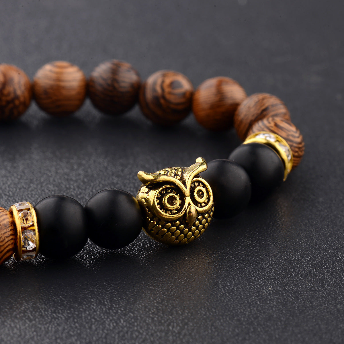 Owl Frosted Stone & Wood Bead Bracelet – Exotic Boho Jewelry