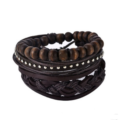 Punk Leather Multilayer Bead Wrap Bracelet – Handwoven Vintage Jewelry for Men & Women