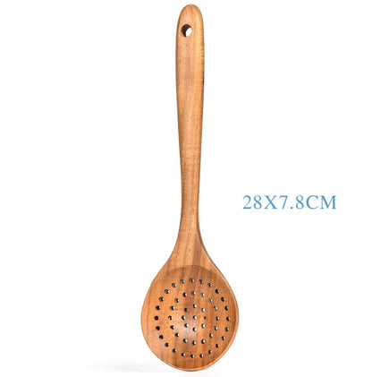 Teak Natural Wood Kitchen Utensil Set – Spoon, Ladle, Turner, Colander & Skimmer Cooking Tools