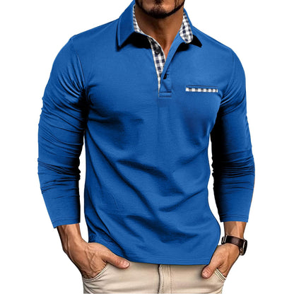 Men's Plaid Splicing Lapel Polo Shirt – Casual Long Sleeve Top