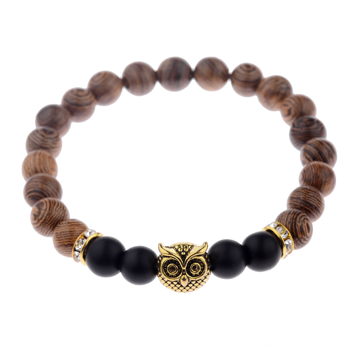 Owl Frosted Stone & Wood Bead Bracelet – Exotic Boho Jewelry