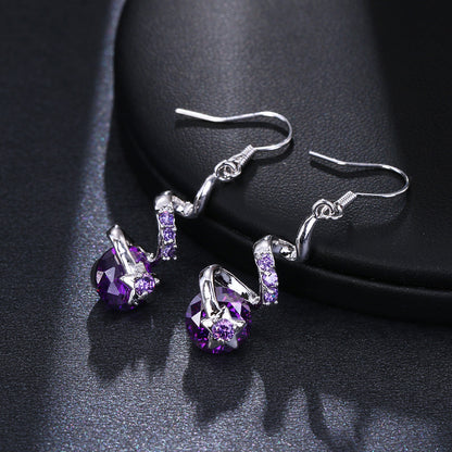 Purple Zircon Spiral Ear Hook Earrings – Geometric Copper Jewelry for Women