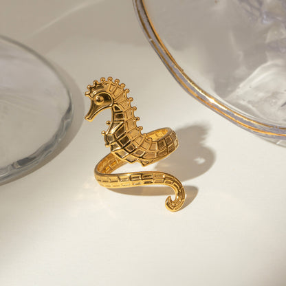 18K Gold Stainless Steel Seahorse Open Ring – Ocean Jewelry for Women