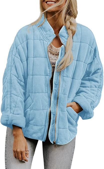 Women's Winter Zip-Up Stand Collar Coat – Plaid Pockets, Long Sleeve
