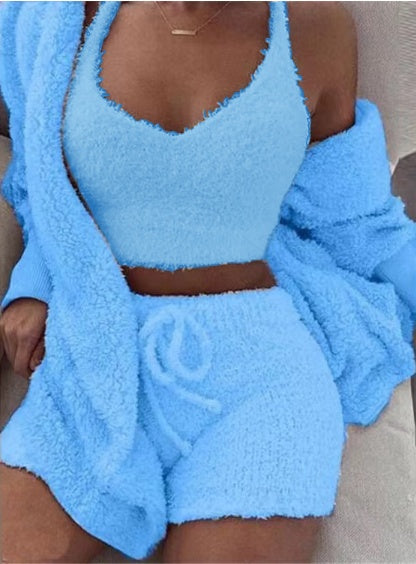 3-Piece Women's Velvet Pajama Set – Crop Top, Tank & Drawstring Pants