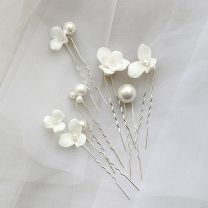 Ceramic Flower Pearl Hairpin – Elegant Bridal Hair Plug for Women